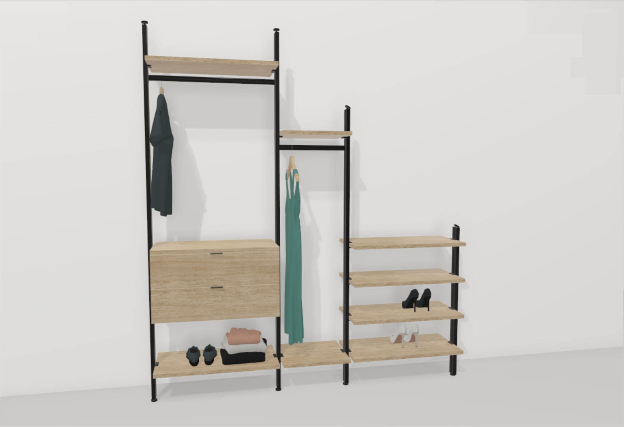 Walk-in wardrobe under the pitched roof in the shelf configurator