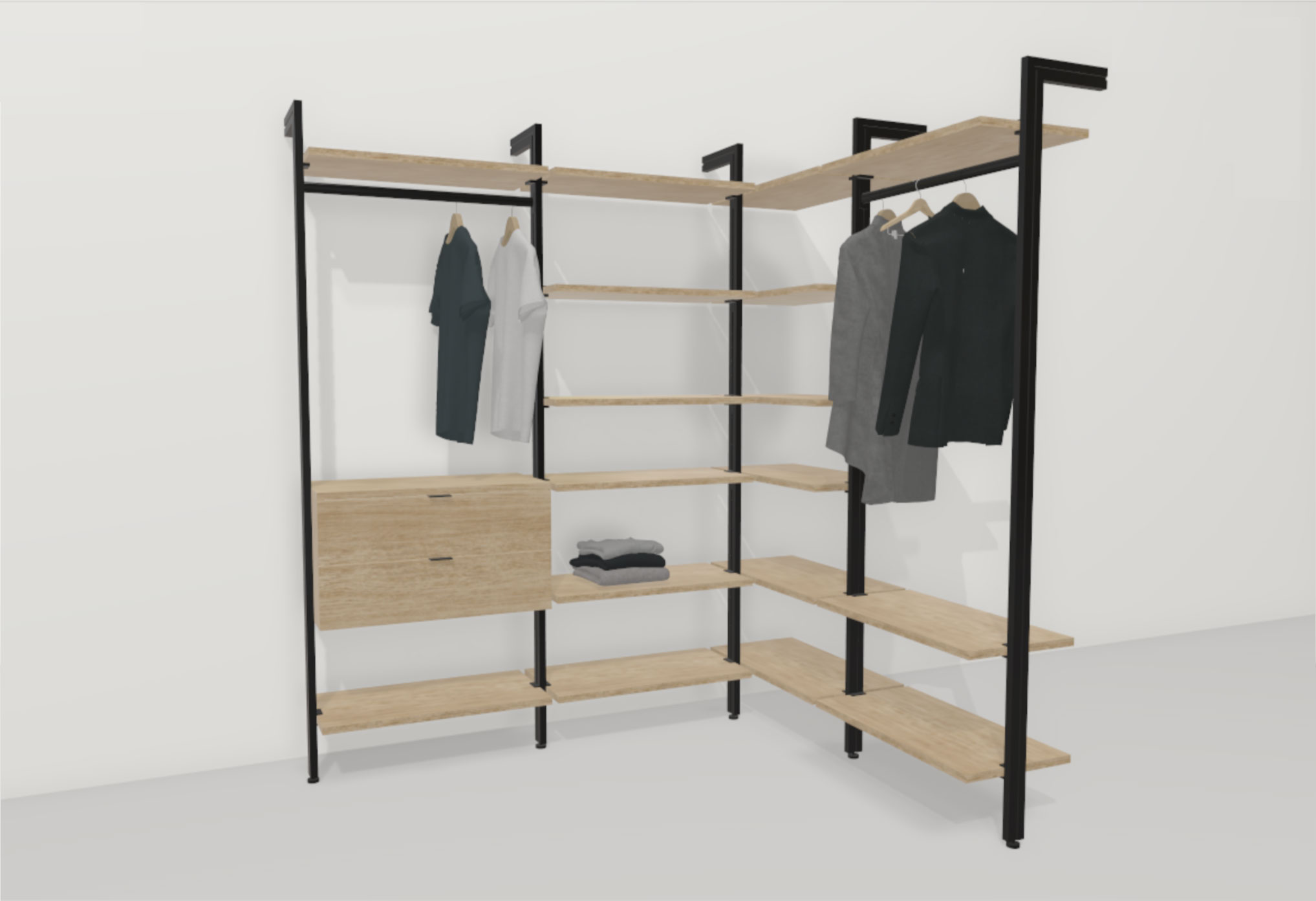 Walk-in corner wardrobe in the shelf configurator