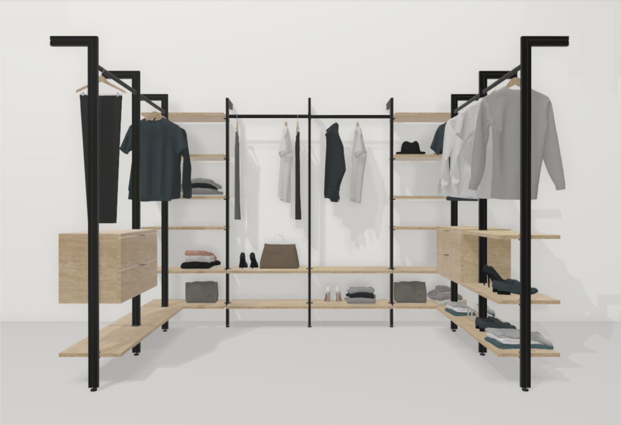 Walk-in corner wardrobe in U-shape in the shelf configurator