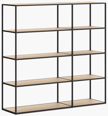LIUM standing shelf unit with oak shelves and airy aluminium frame in black