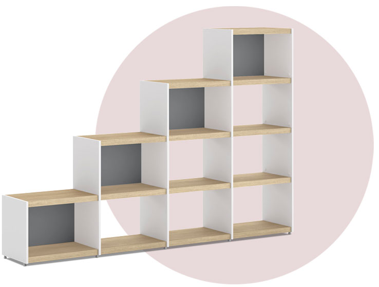 YOMO tiered shelving unit with oak shelves, white side panels and grey back panels