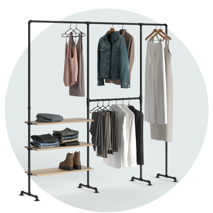 Modulares Wandregalsystem mit grauen Metallleisten, Kleiderstangen, sowie Holzböden und Schubladenelement in Eicheoptik