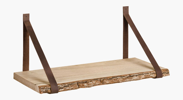 NATURE wall shelf with bark and leather straps LOOP
