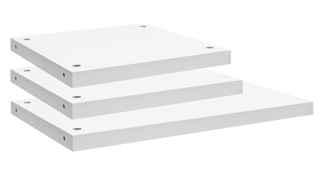 Three white shelves stacked