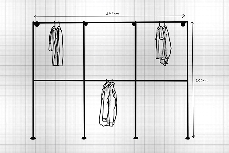 Skizze eines Kleiderstangensystems mit Maßangaben von Breite und Höhe, bestehend aus drei Spalten mit je zwei Metallrohren als Kleiderstangen
