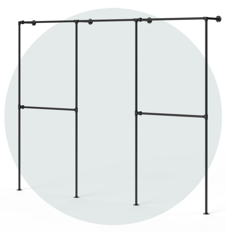 Schwarzes Wand- und Bodenmontiertes Kleiderstangensystem aus Metallrohren mit zwei horizontalen Stangen für Kleidung