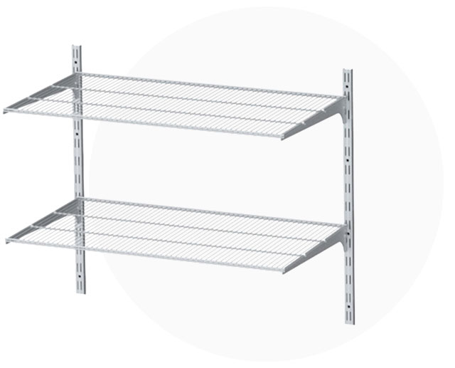Double-row wall shelf with grey perforated rails and wire shelves
