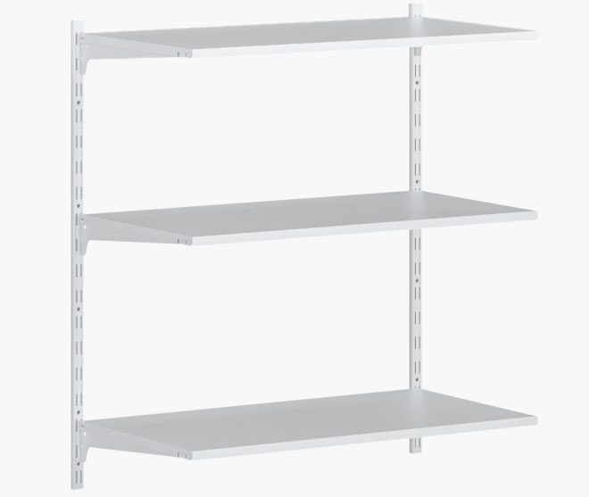 Three-row wall shelf with grey perforated rails and sheet steel shelves