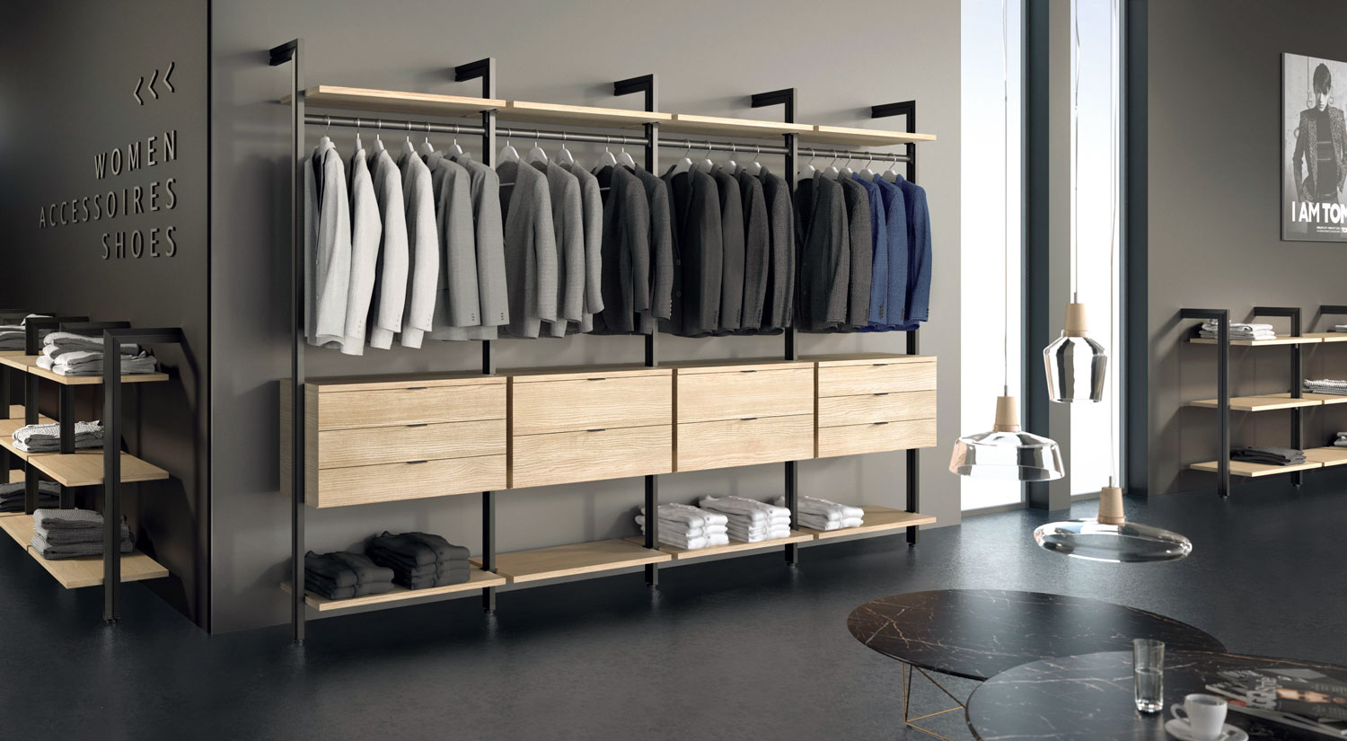 Shop Shelving - CLOS-IT store shelves oak/black in fashion store