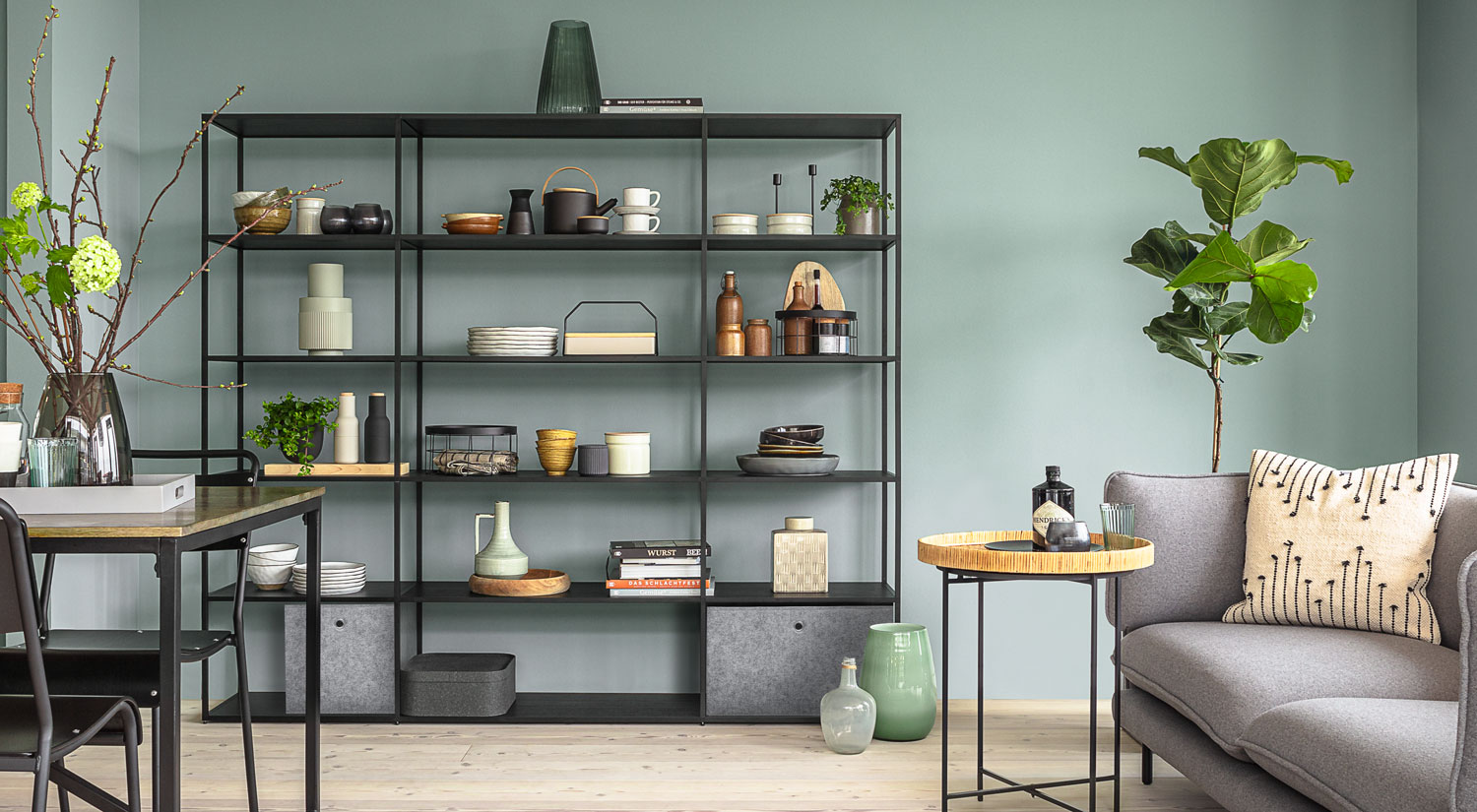 Unusual black metal shelves in the kitchen, open shelving