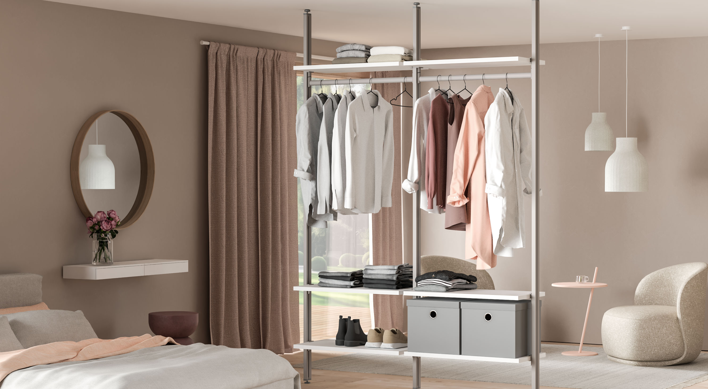 Clothes Stotage - CLOS-IT ceiling mounted white open room divider shelf Clothes Stotage - CLOS-IT ceiling mounted white open room divider shelf