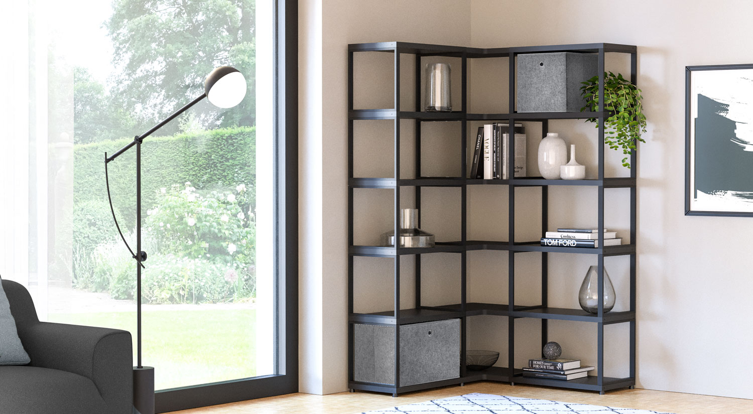 Living Room Storage MAXX - As open corner shelf in black