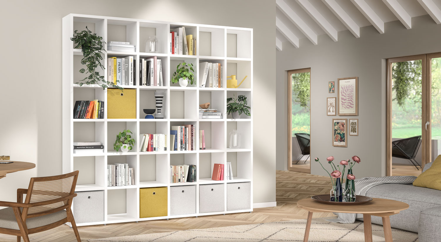 Étagère cube BOON - Cube de rangement blanc avec boîtes de rangement sur le salon