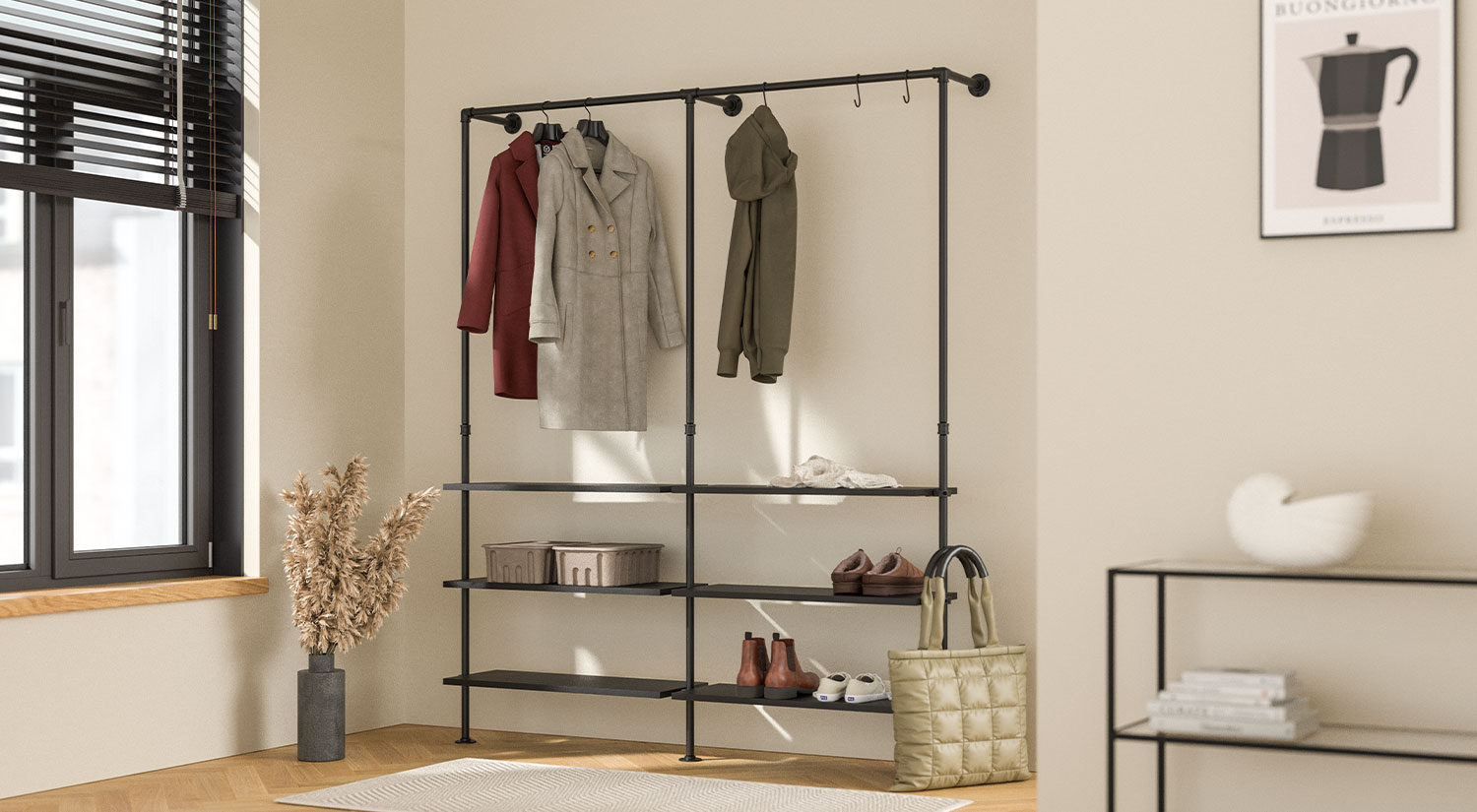 Portant vêtement - PIPE avec planches plaquées bois noir