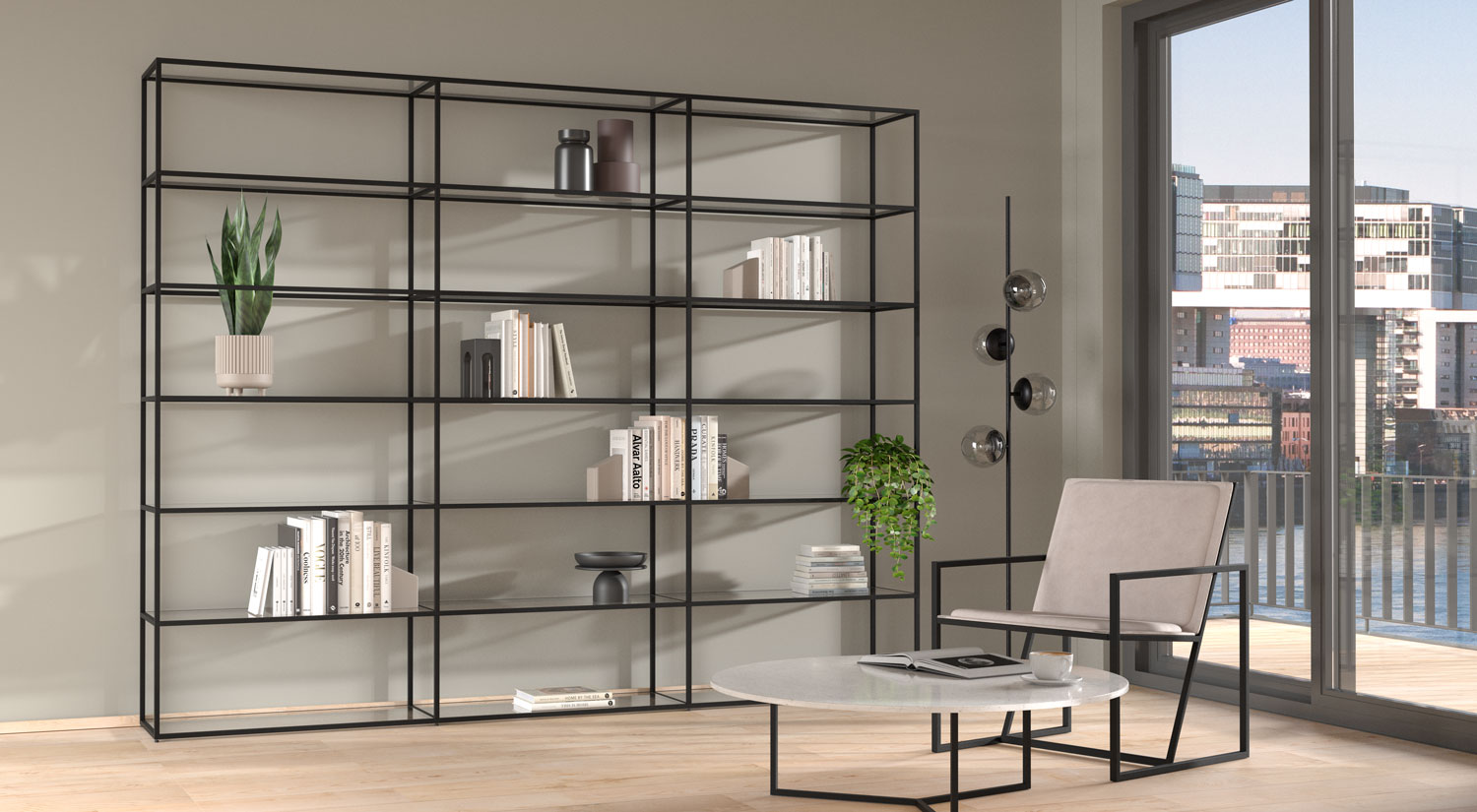 Étagère modulable métal - LIUM noir avec tablettes en verre