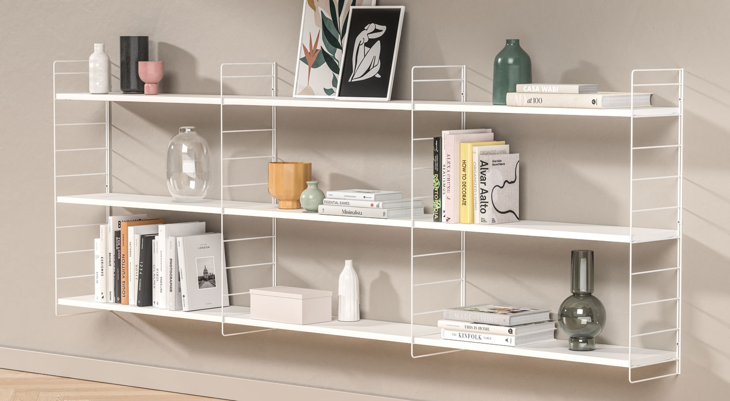 Étagère murale suspendue STEP -  Étagère murale suspendue blanche avec vases et livres