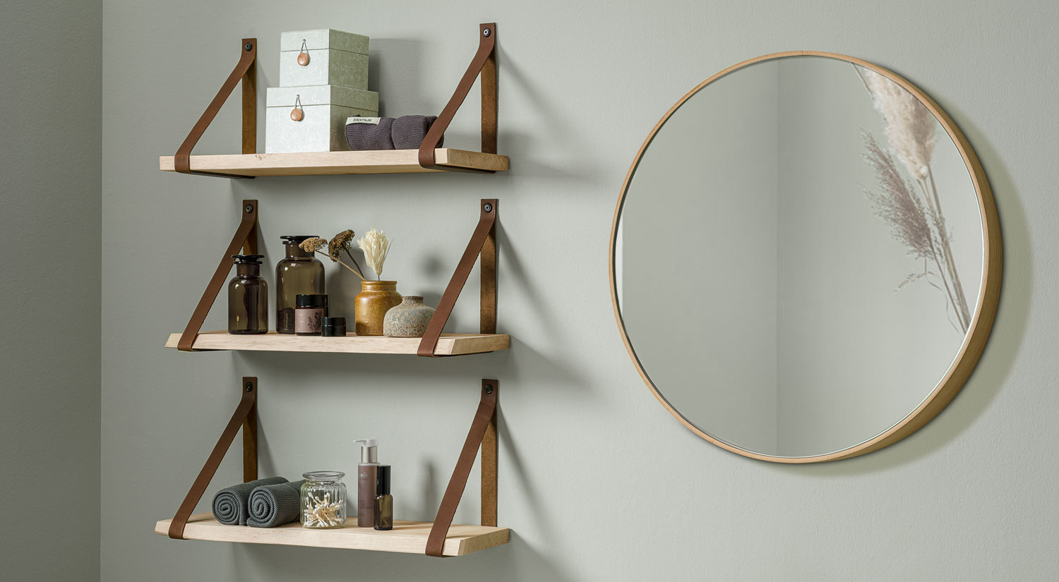 Étagère suspendue - NATURE+LOOP bois de chêne massif avec lanière cuir