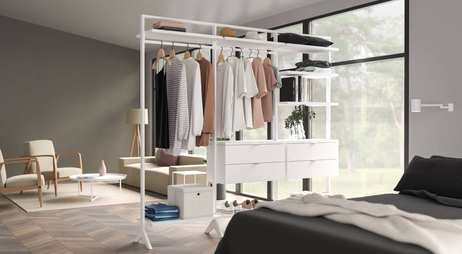 Étagère sur pied - CLOS-IT portemanteau blanc sur pied dans la chambre à coucher