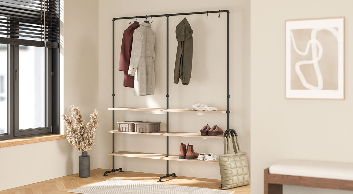 Porte manteau - PIPE portant à vêtement avec planches plaquées bois