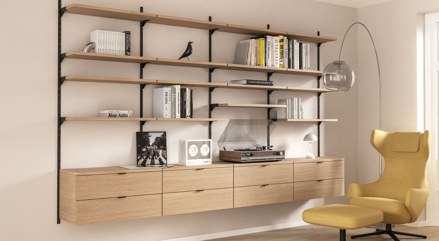 Bücherwand - ON-WALL Bücherregalwand eiche/schwarz im Wohnzimmer Bücherwand - ON-WALL Bücherregalwand eiche/schwarz im Wohnzimmer