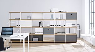 Büroregal - Aktenregal mit Regalsystem YOMO weiß, eiche als Raumteiler