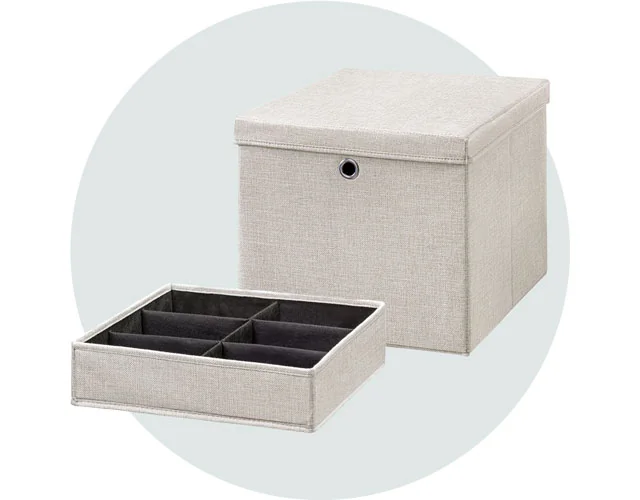 Components - Storage box with lid fabric and drawer insert Components - Storage box and drawer insert in linen look