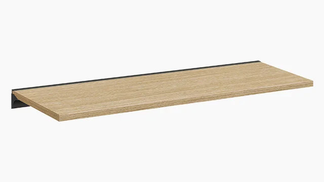 Wandregal aus Holz mit Eicheoptik und Metallschiene in schwarz