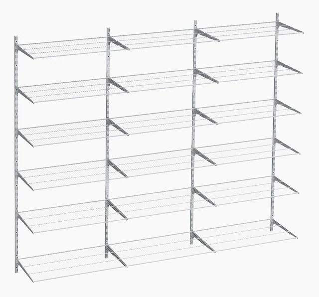 Airy wall-mounted shelving system with vertical, white metal struts and six levels with wire shelves