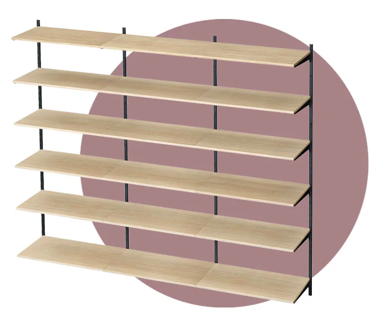 Wall shelf with six horizontal, light-coloured wooden shelf levels, supported by a black metal structure with vertical perforated strips