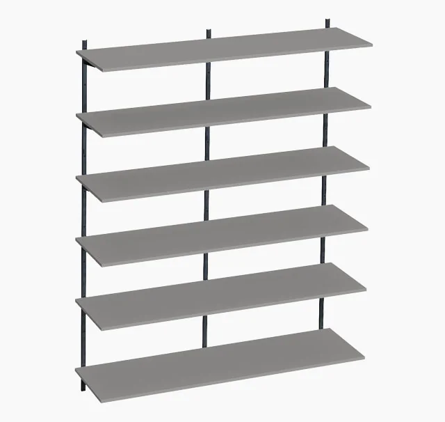 Simple shelving unit with six horizontal, grey shelf levels, supported by a sturdy, black metal structure with vertical struts
