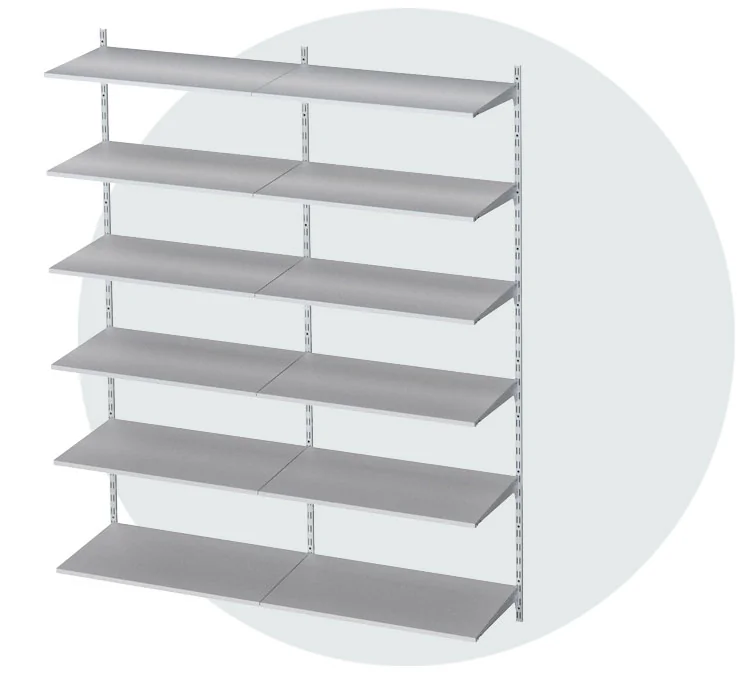Modern wall shelf with twelve horizontal, grey shelves and white, vertical metal struts