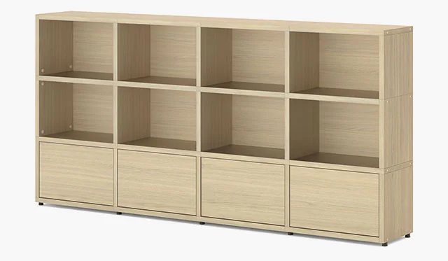 Sideboard in light-coloured wood with two open cube levels and a row of oak doors