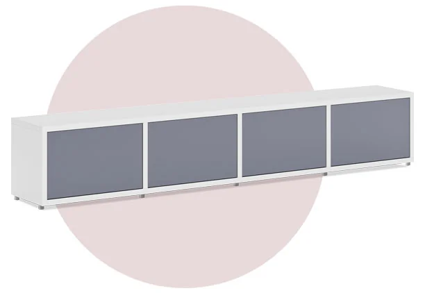 White lowboard made of four cubes with dark grey doors