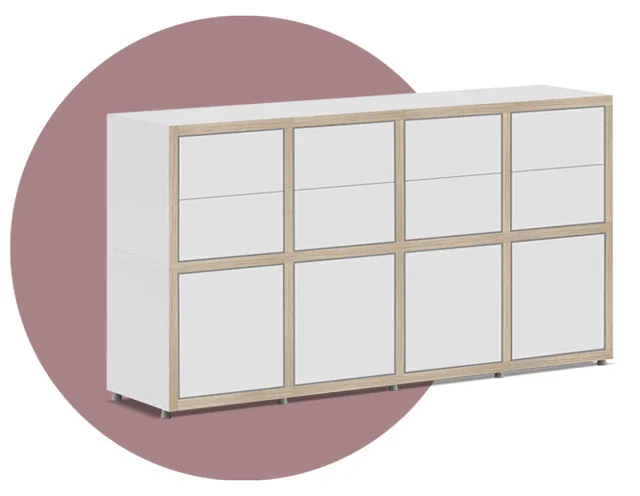 White sideboard consisting of eight cubes with wooden edges, four drawer inserts and four doors with white fronts