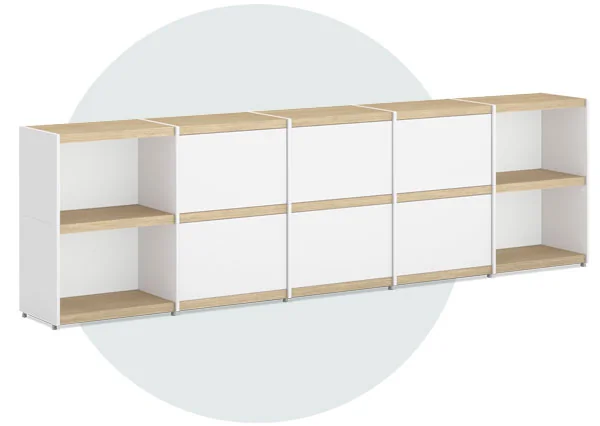 Sideboard consisting of 10 cubes with white sides and oak shelves, four open cubes and six with white doors