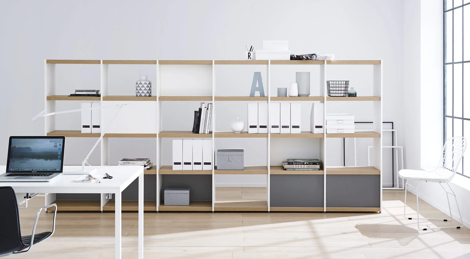 Office storage - YOMO shelf in white/oak solid wood as a binder shelf 