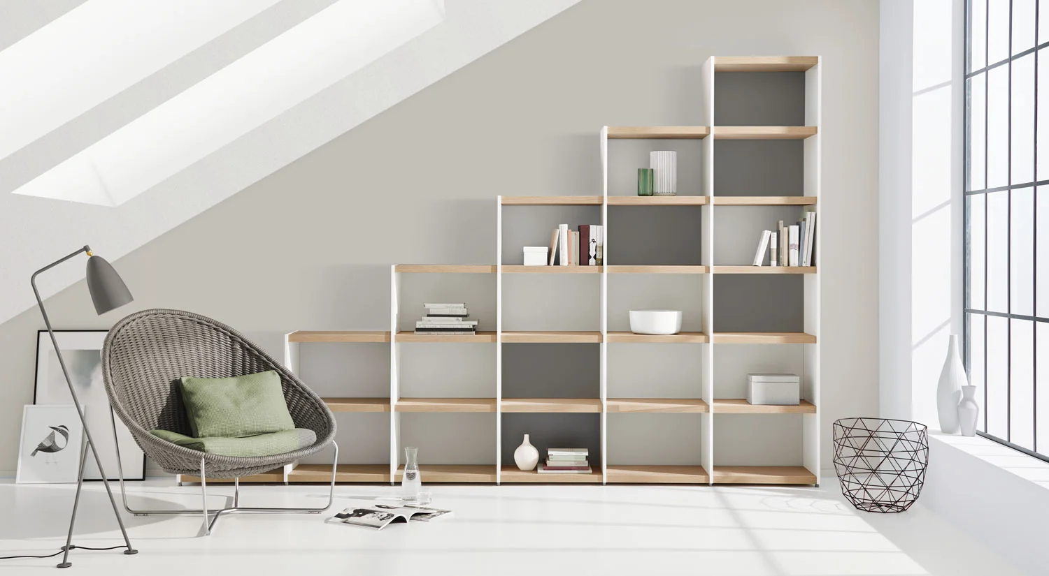 Slanted ceiling shelves - YOMO stepped shelf white/oak in the living room
