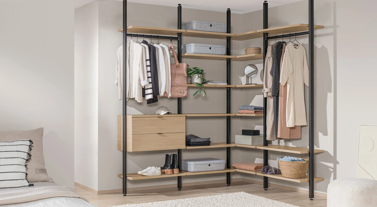 Walk-in Wardrobe - CLOS-IT L-shaped ceiling fixed wardrobe in oak black