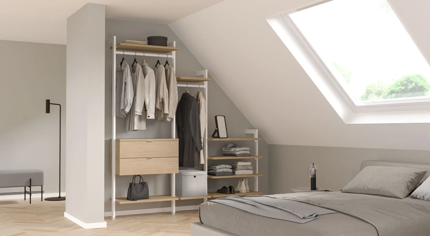 Walk in Wardrobe - CLOS-IT modular shelving system oak white ceiling mounted