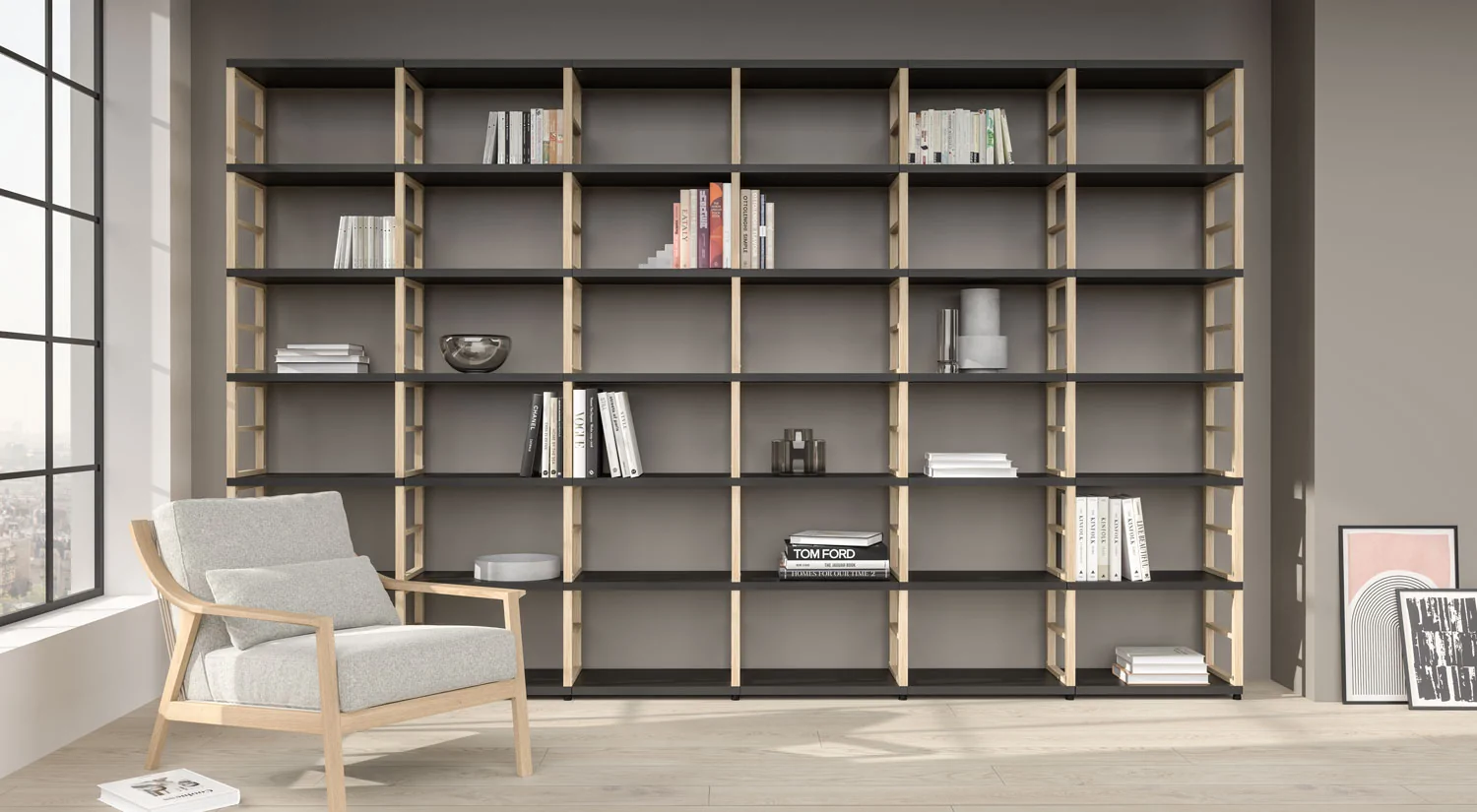 Black Bookcase - MAXX oak/black bookshelf in the living room