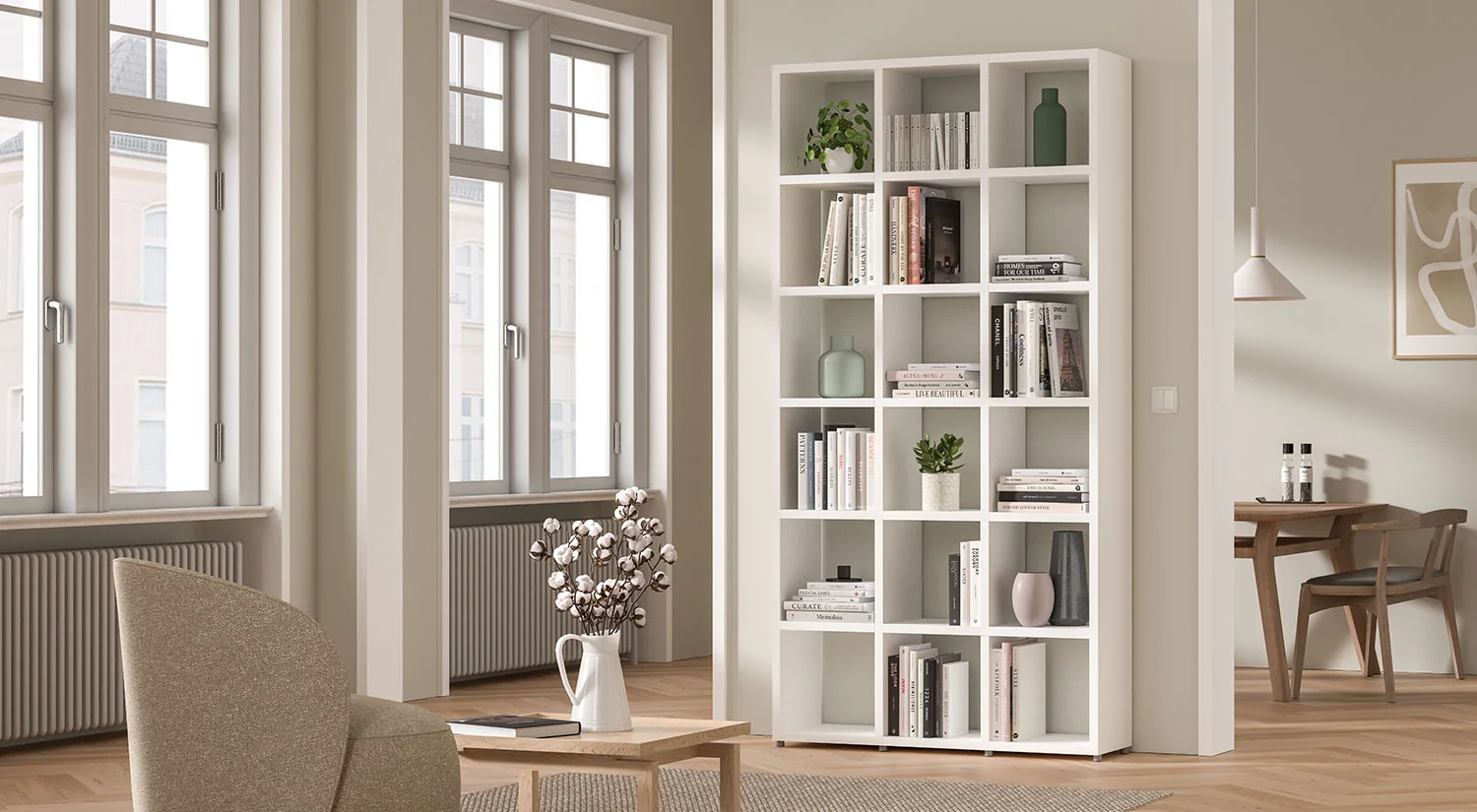 White Bookcase - BOON white bookcase in modern living room