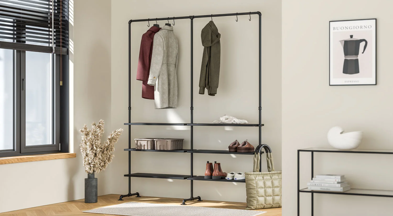 Clothes Rack - PIPE metal garment rack with shelf boards
