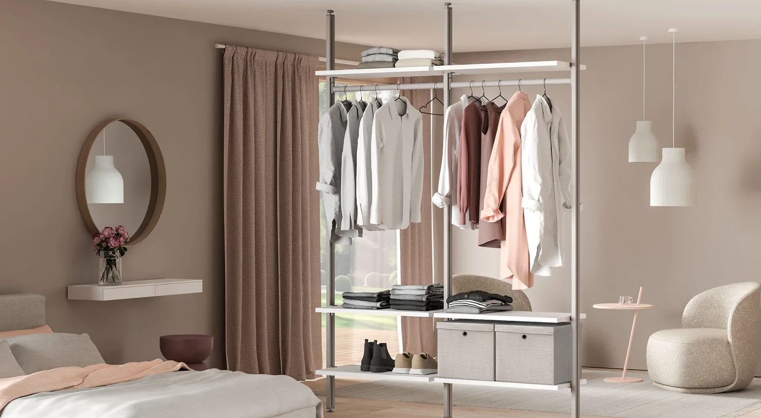 Room Divider Shelves - CLOS-IT ceiling-mounted white room divider shelving