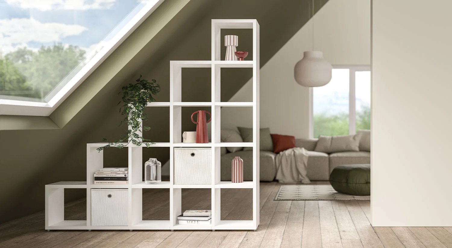 White room divider shelf - BOON step shelf as a room divider