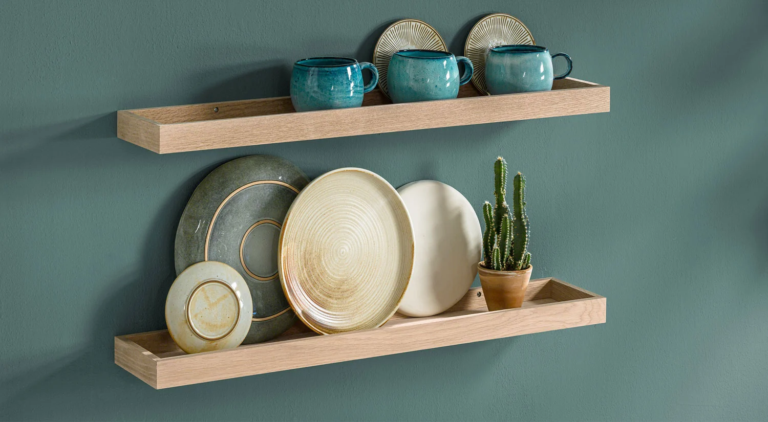 Floating Oak Shelves - LOGGIA wall mounted shelves with plates and cups  