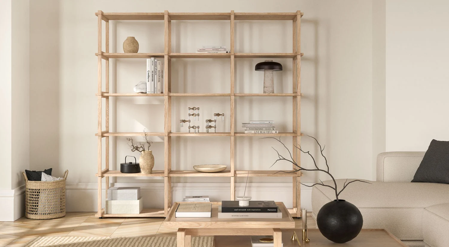 Wooden free standing shelf AIKO - Modular solid wood shelf in the living room