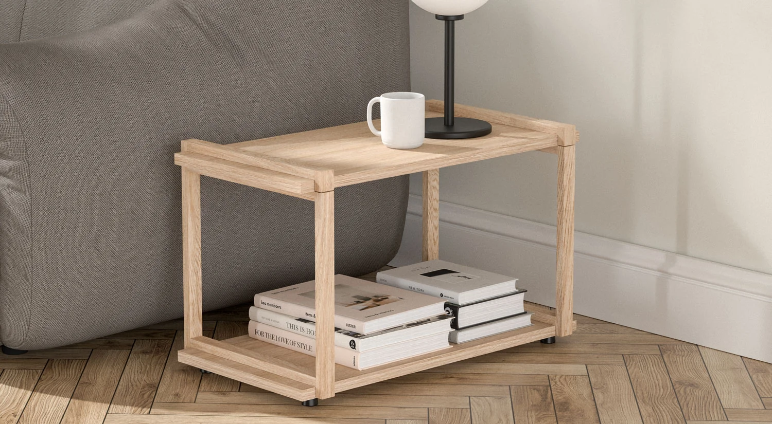 Wooden free standing shelf AIKO - with real wood veneer as a side table
