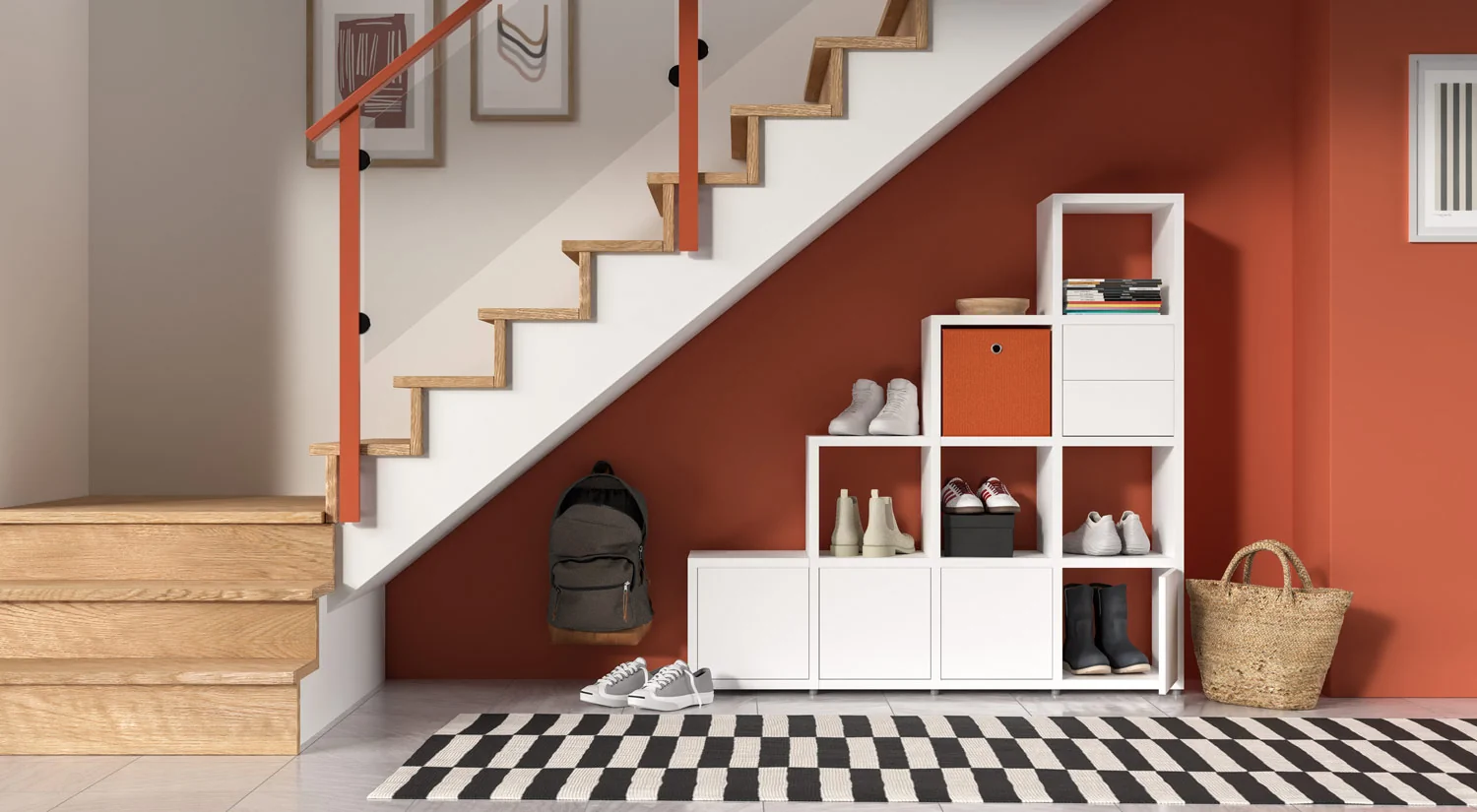 Cube Storage Unit BOON - White stepped shelving unit under the stairs