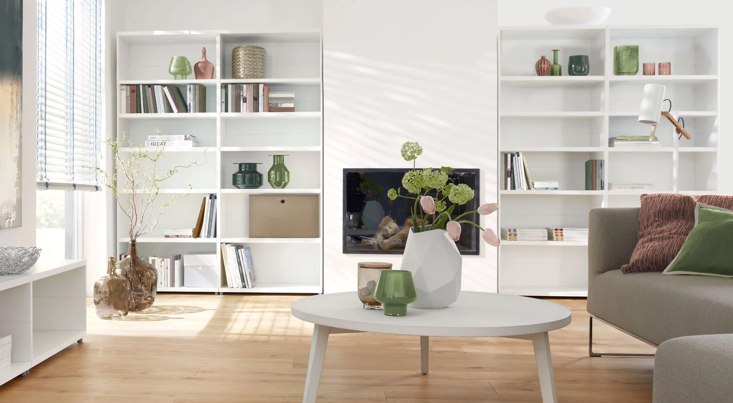 White Shelving Unit CASE - Shelving units next to the fireplace in the living room
