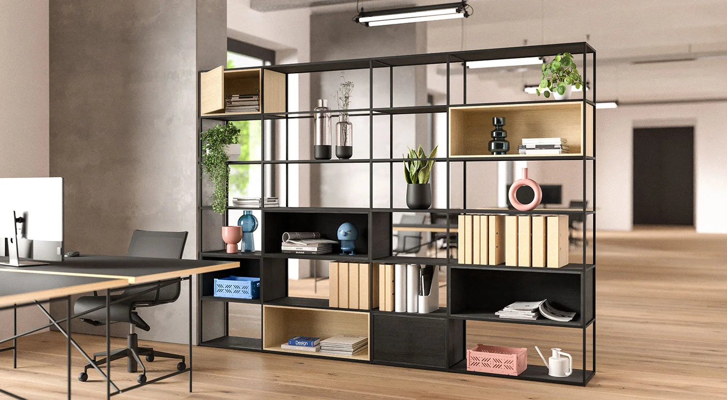 Black Shelving Unit - LIUM Black metal shelving unit with cubes in the office